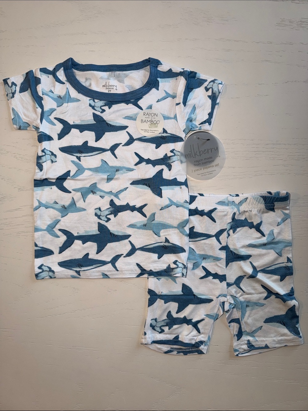Milkberry Blue Shark Print Shorts Kids Pajama Set 4T 5T